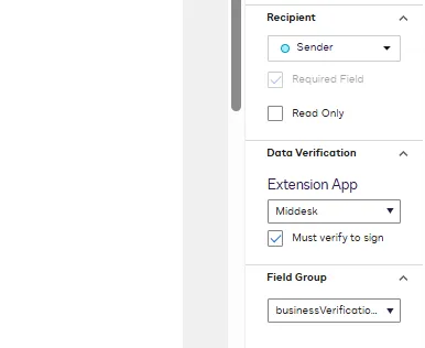 Data Verification settings for a Middesk field in Docusign