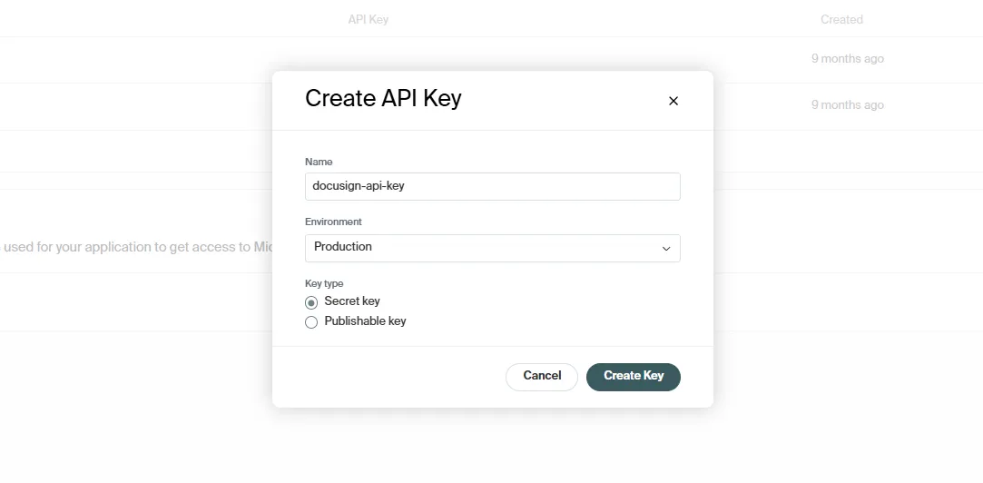Creating an API key in the Middesk Dashboard