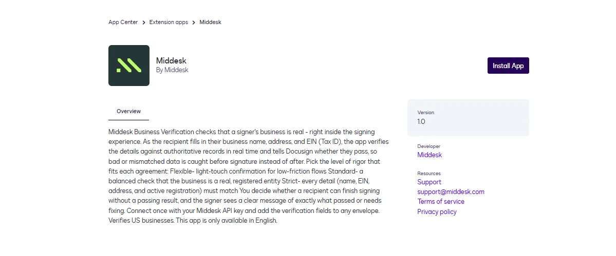 Middesk app listing in the Docusign App Center