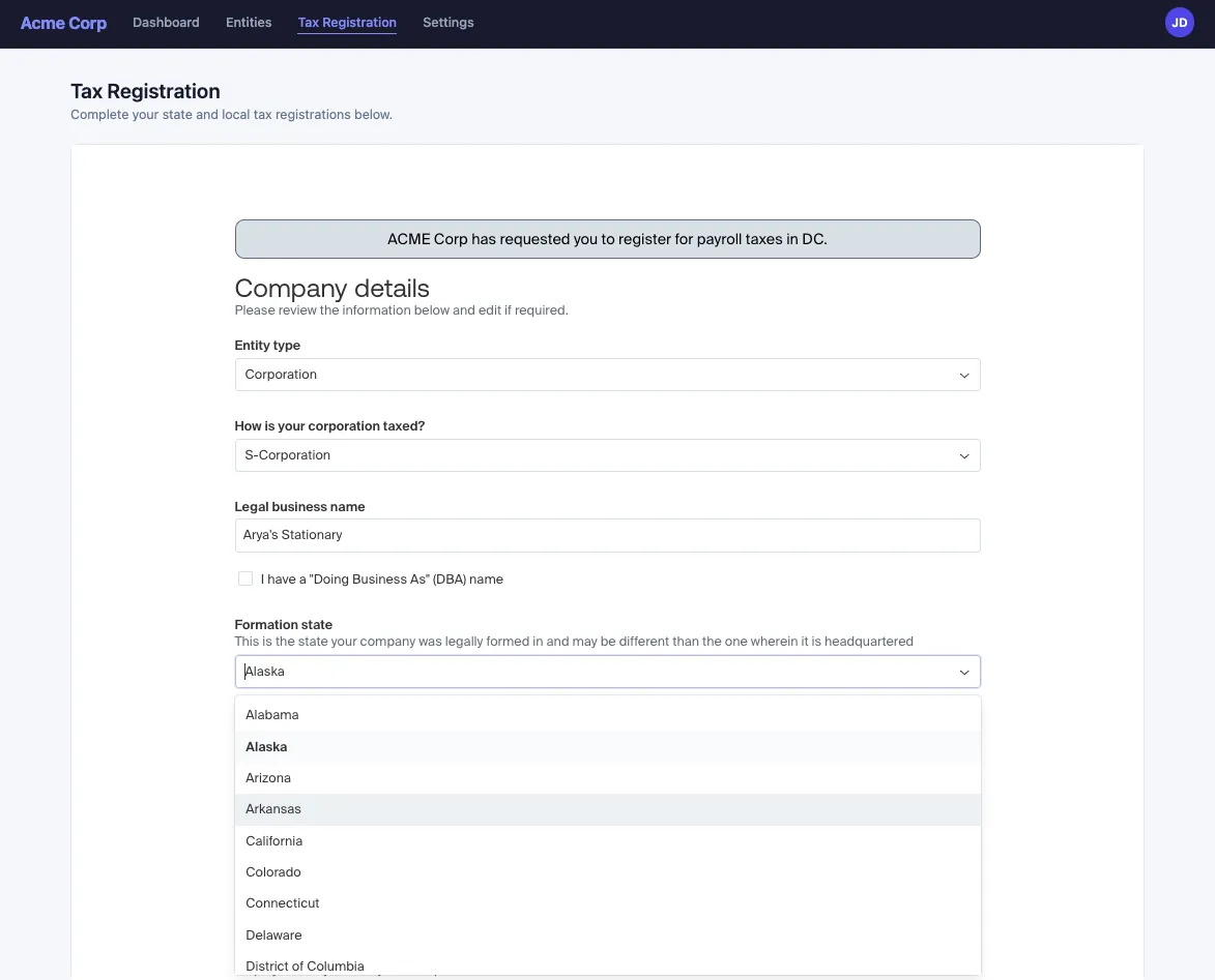 Embedded tax registration intake experience