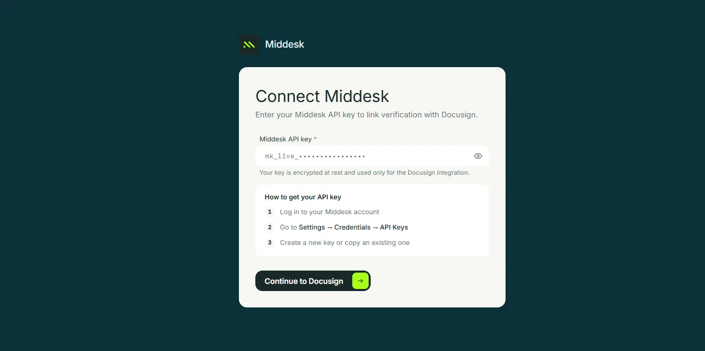 The Connect Middesk window in Docusign