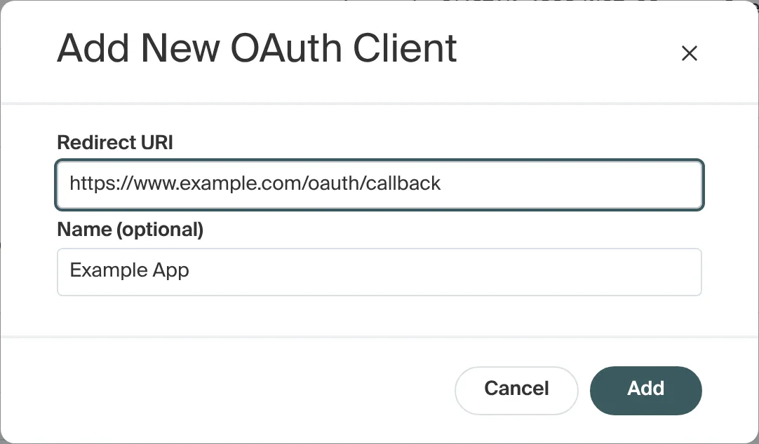 Add New OAuth Client form